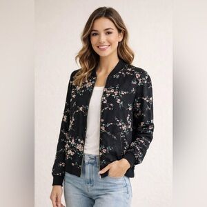 Lila Rose Black Floral Bomber Jacket XS Zip Front Lightweight Pink Blossom